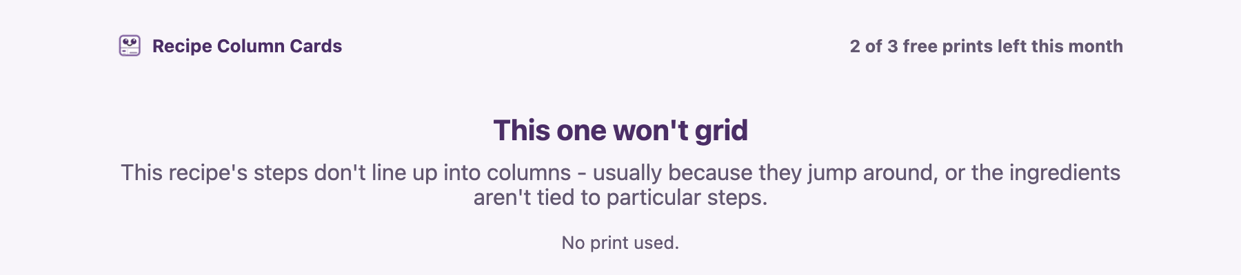 The card tab showing the message This one won't grid, with the note No print used underneath