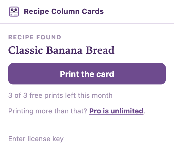 The Recipe Column Cards window showing Recipe Found, the title Classic Banana Bread, a Print the card button, and the line 3 of 3 free prints left this month