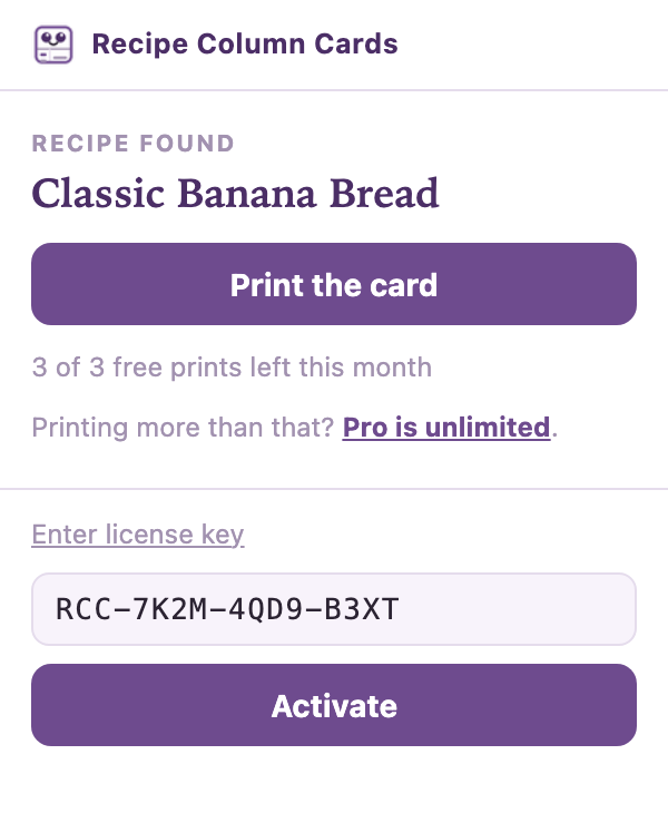 The Recipe Column Cards window with the license key box open, a sample key typed into it, and an Activate button below