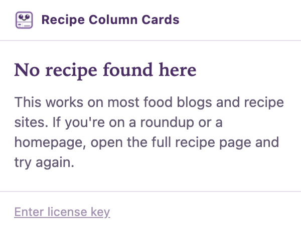 The Recipe Column Cards window showing No recipe found here, with advice to open the full recipe page and try again